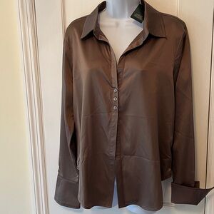NWT Wild Fable Satiny‎ Shirt Collar Long Sleeves Cuffs Women’s Large Taupe Brown
